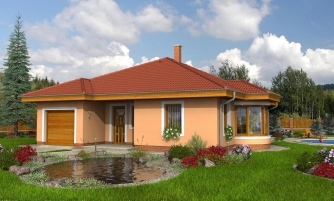 An interesting project for a house with a hip roof and a garage, which may be converted into a room. It has a covered terrace for sitting.